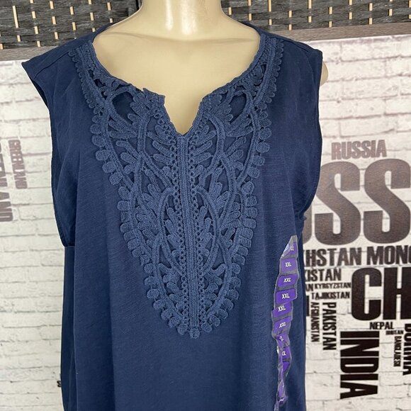 Grace Elements Plus XXL Navy Applique Detail Split Neck Cotton Sleeveless Top - Picture 2 of 6